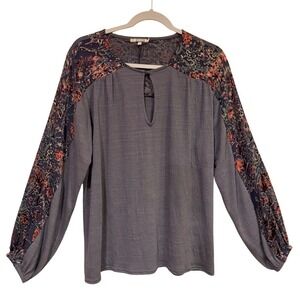 Gimmicks Blouse Blue Gray Large Floral Sleeve Boho Cottagecore Festival Top